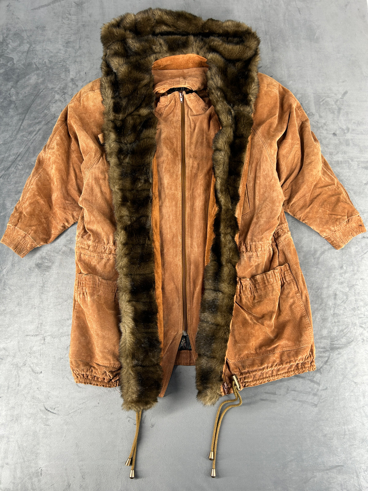 Parka in camoscio cammello con eco-pelliccia vintage – Donna Taglia L (IT 44)