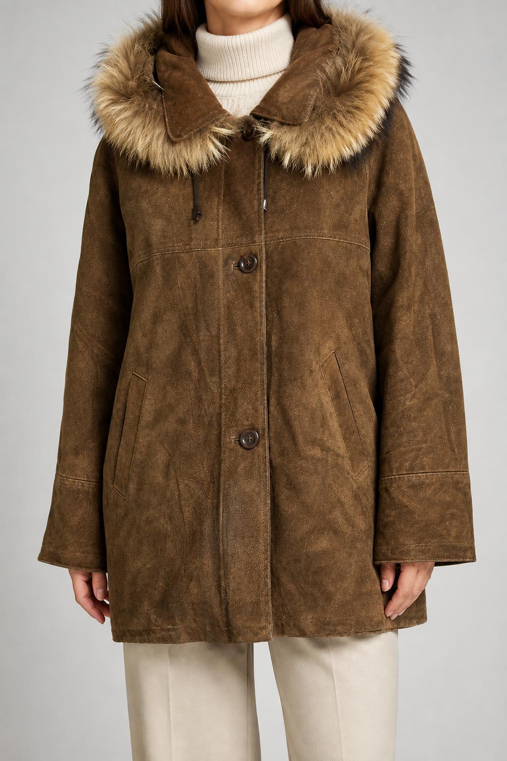 Giaccone in camoscio marrone con cappuccio in pelliccia vintage – Donna Taglia L (IT 44)