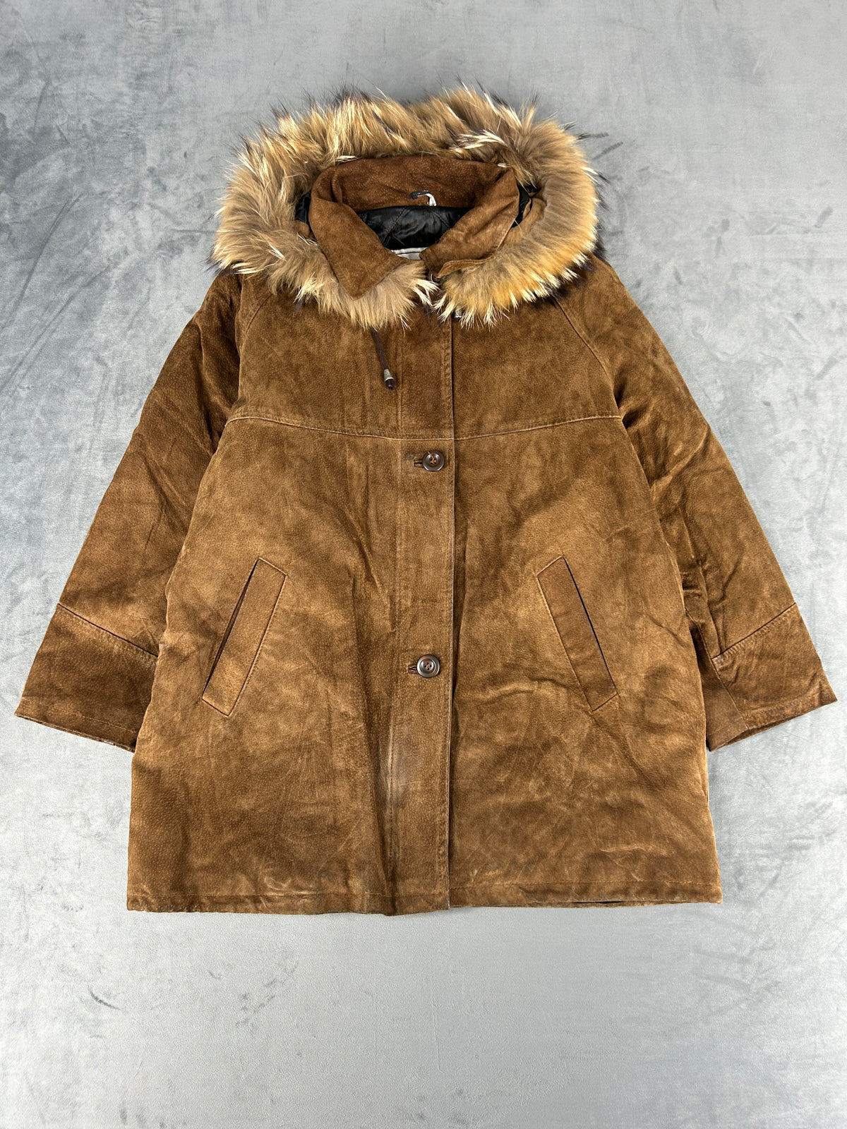 Giaccone in camoscio marrone con cappuccio in pelliccia vintage – Donna Taglia L (IT 44)