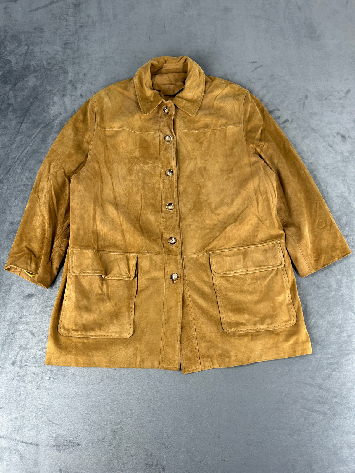 Giacca lunga in camoscio senape Elekta vintage – Donna Taglia L (IT 44)