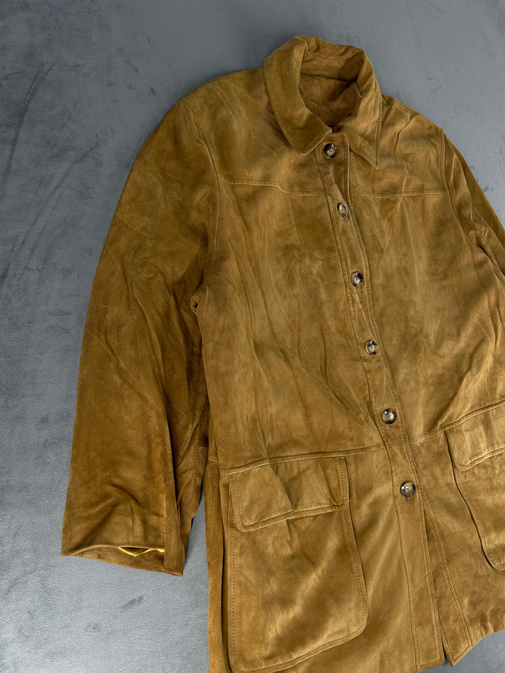 Giacca lunga in camoscio senape Elekta vintage – Donna Taglia L (IT 44)