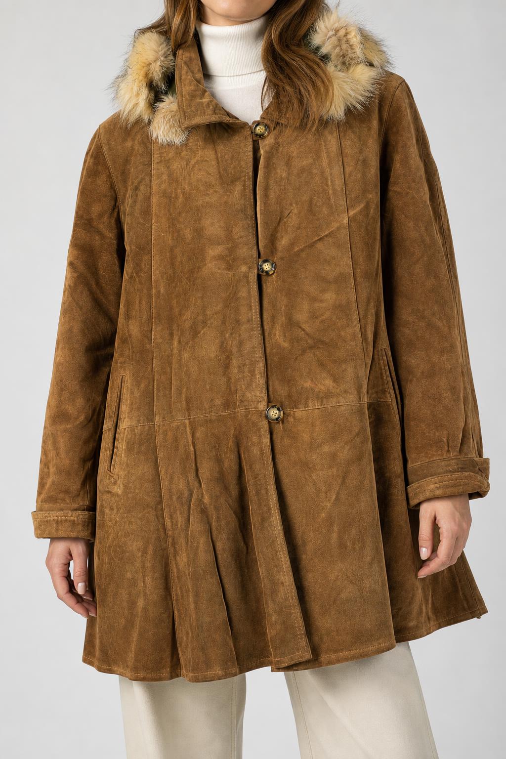 Cappotto in camoscio cuoio con collo in pelliccia Pitti Line vintage – Donna Taglia L (IT 44)