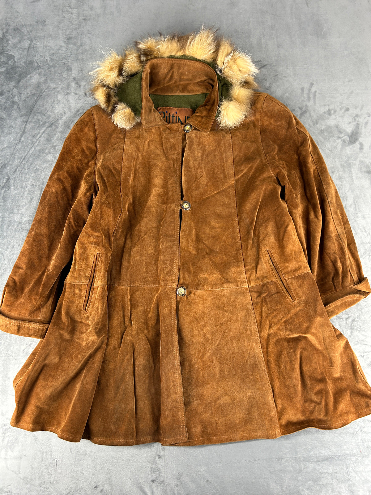 Cappotto in camoscio cuoio con collo in pelliccia Pitti Line vintage – Donna Taglia L (IT 44)