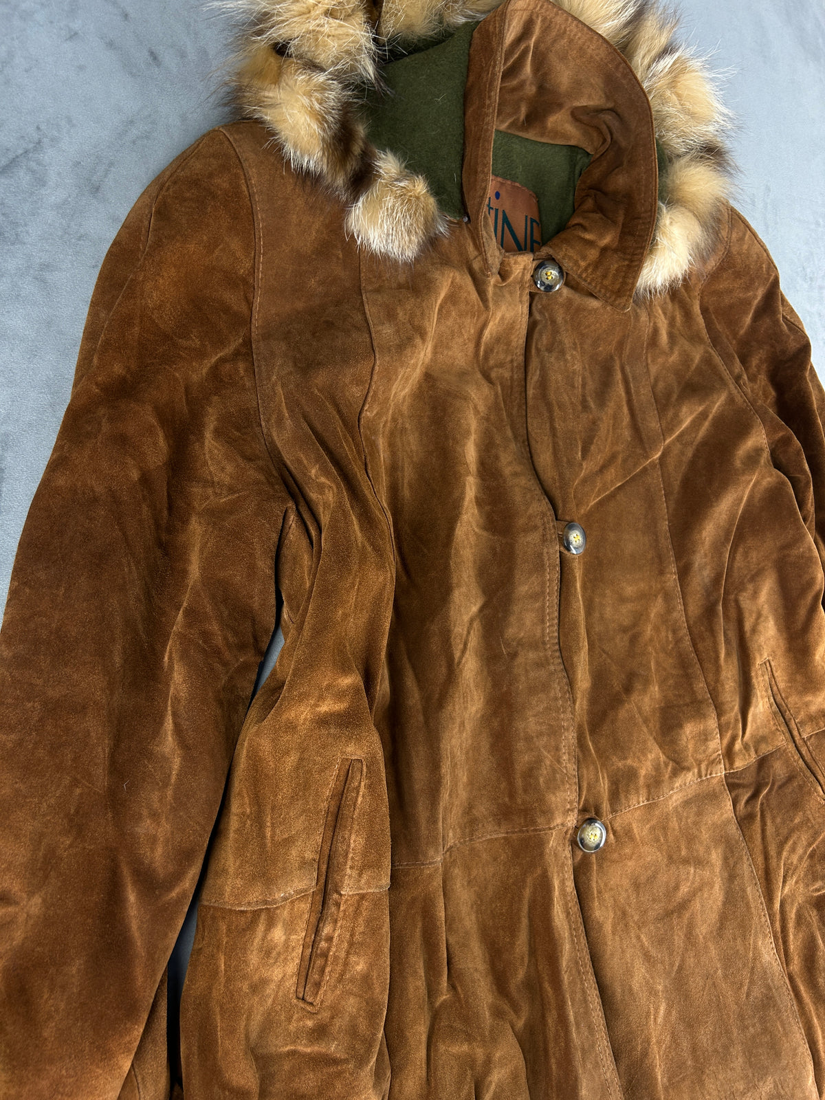 Cappotto in camoscio cuoio con collo in pelliccia Pitti Line vintage – Donna Taglia L (IT 44)