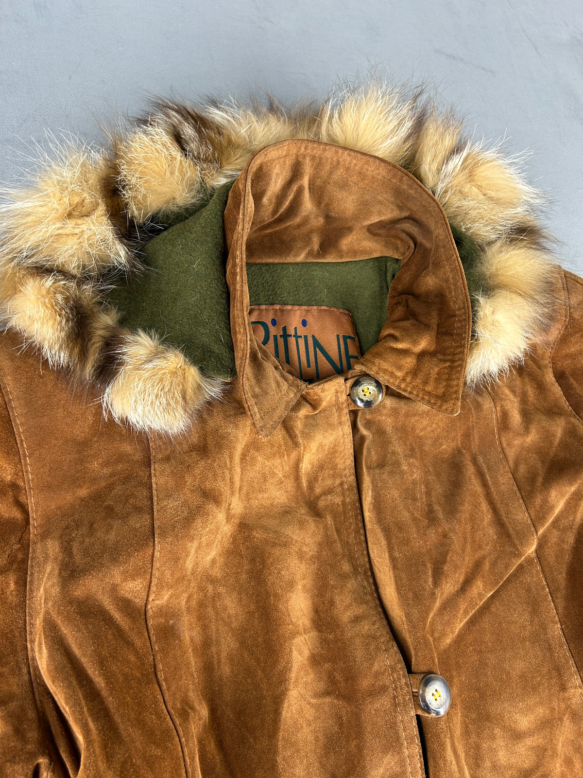 Cappotto in camoscio cuoio con collo in pelliccia Pitti Line vintage – Donna Taglia L (IT 44)