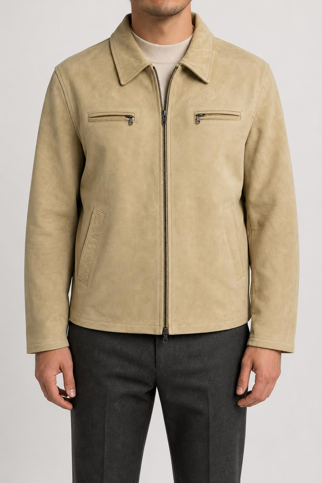 Giacca in nabuk beige con zip vintage – Uomo Taglia L