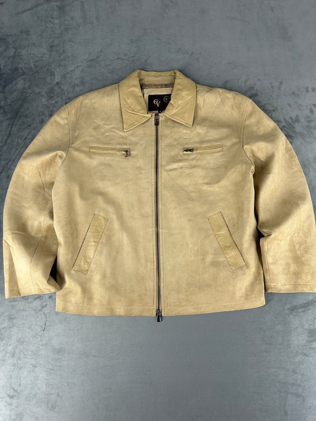 Giacca in nabuk beige con zip vintage – Uomo Taglia L