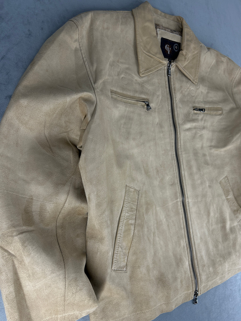 Giacca in nabuk beige con zip vintage – Uomo Taglia L