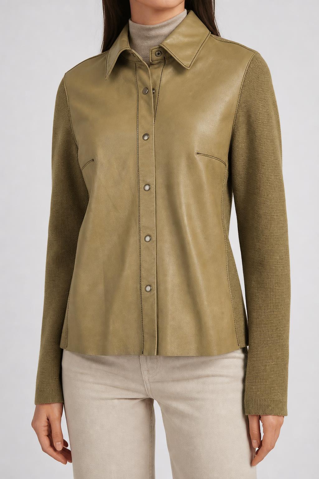 Camicia in pelle nappa cammello con maniche in maglia vintage – Donna Taglia M (IT 42)