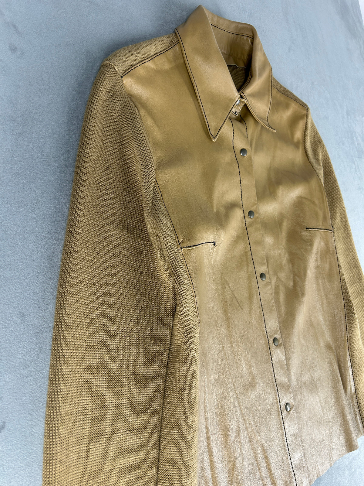 Camicia in pelle nappa cammello con maniche in maglia vintage – Donna Taglia M (IT 42)