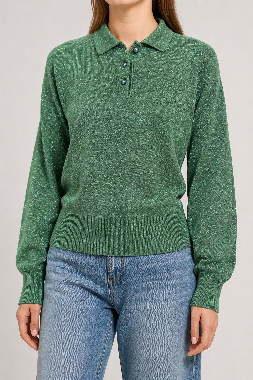 Maglia polo verde in filato lurex Lady Maglia vintage – Donna Taglia M (IT 42)