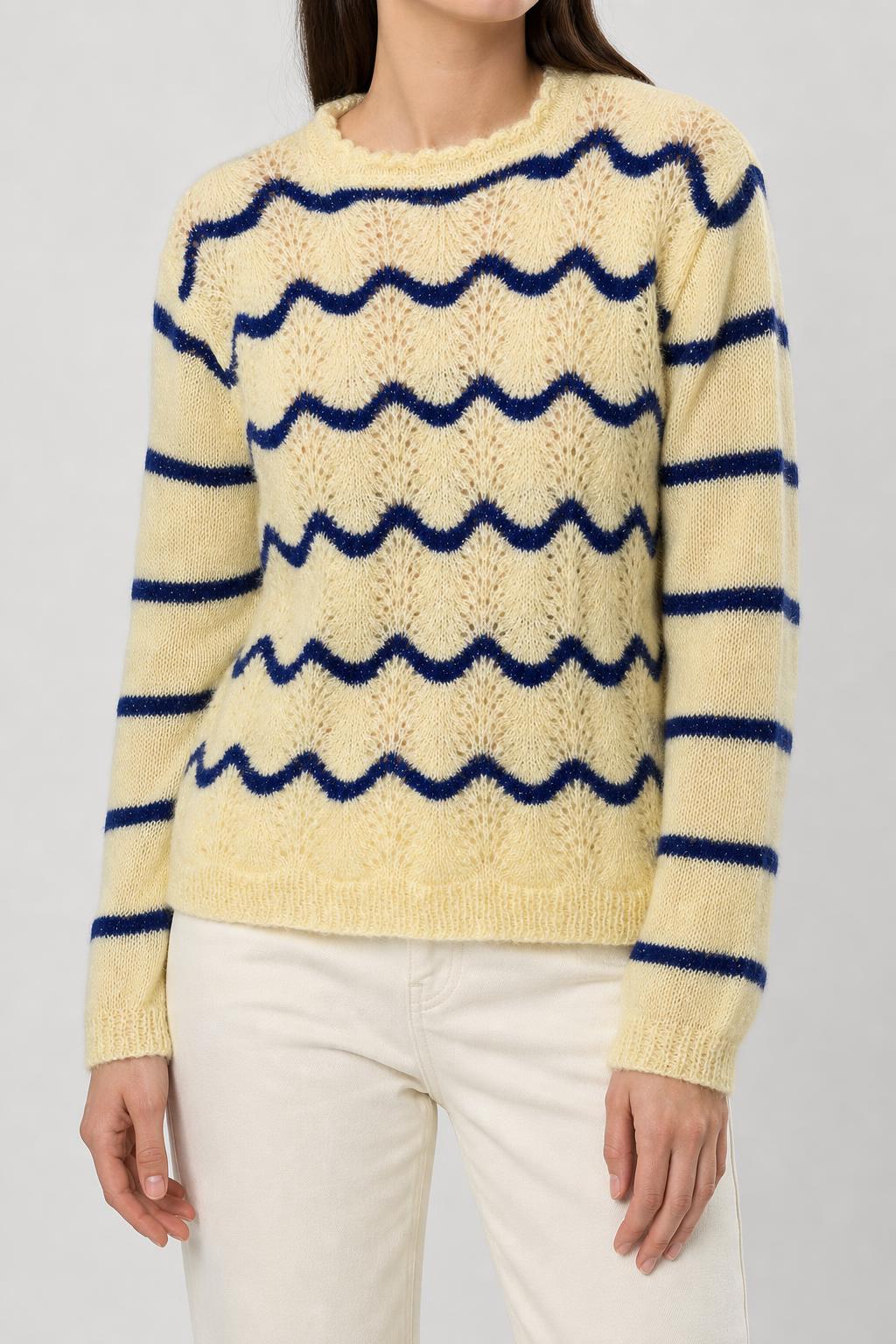 Maglione giallo con onde blu traforato vintage – Donna Taglia M (IT 42)