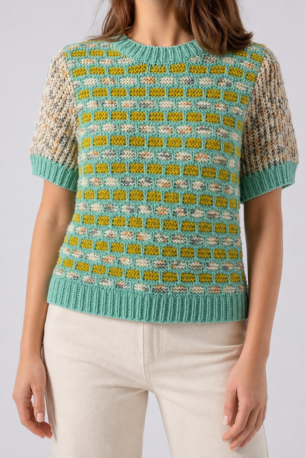 Maglia a maniche corte verde acqua e ocra vintage – Donna Taglia M (IT 42)