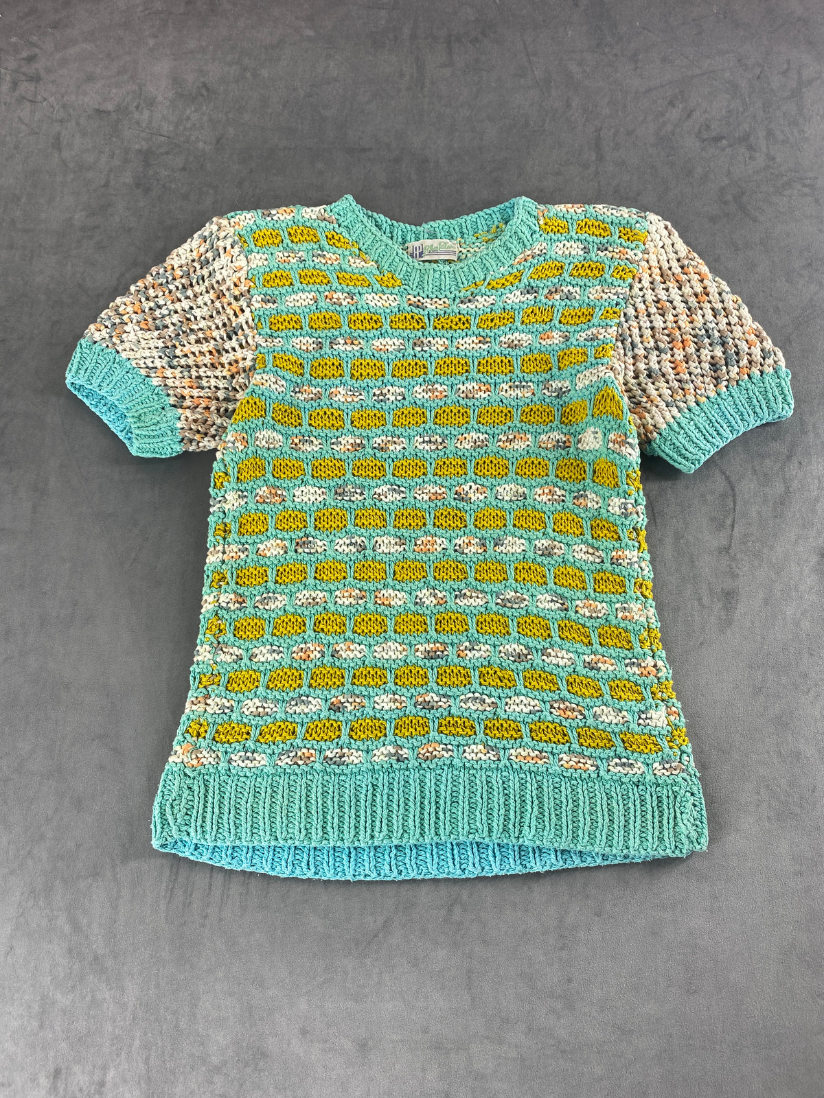 Maglia a maniche corte verde acqua e ocra vintage – Donna Taglia M (IT 42)