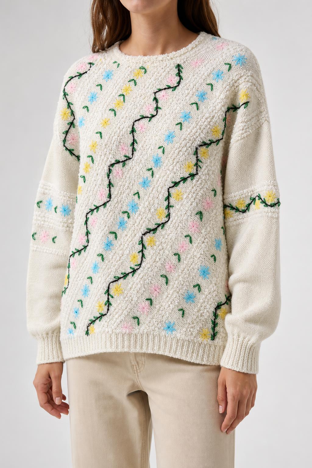 Maglione panna con ricami floreali a mano vintage – Donna Taglia L (IT 44)