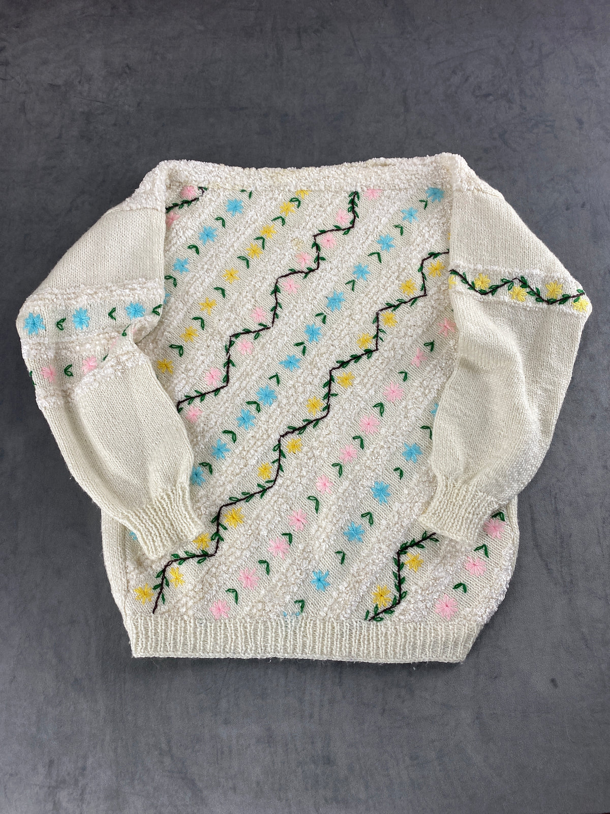 Maglione panna con ricami floreali a mano vintage – Donna Taglia L (IT 44)