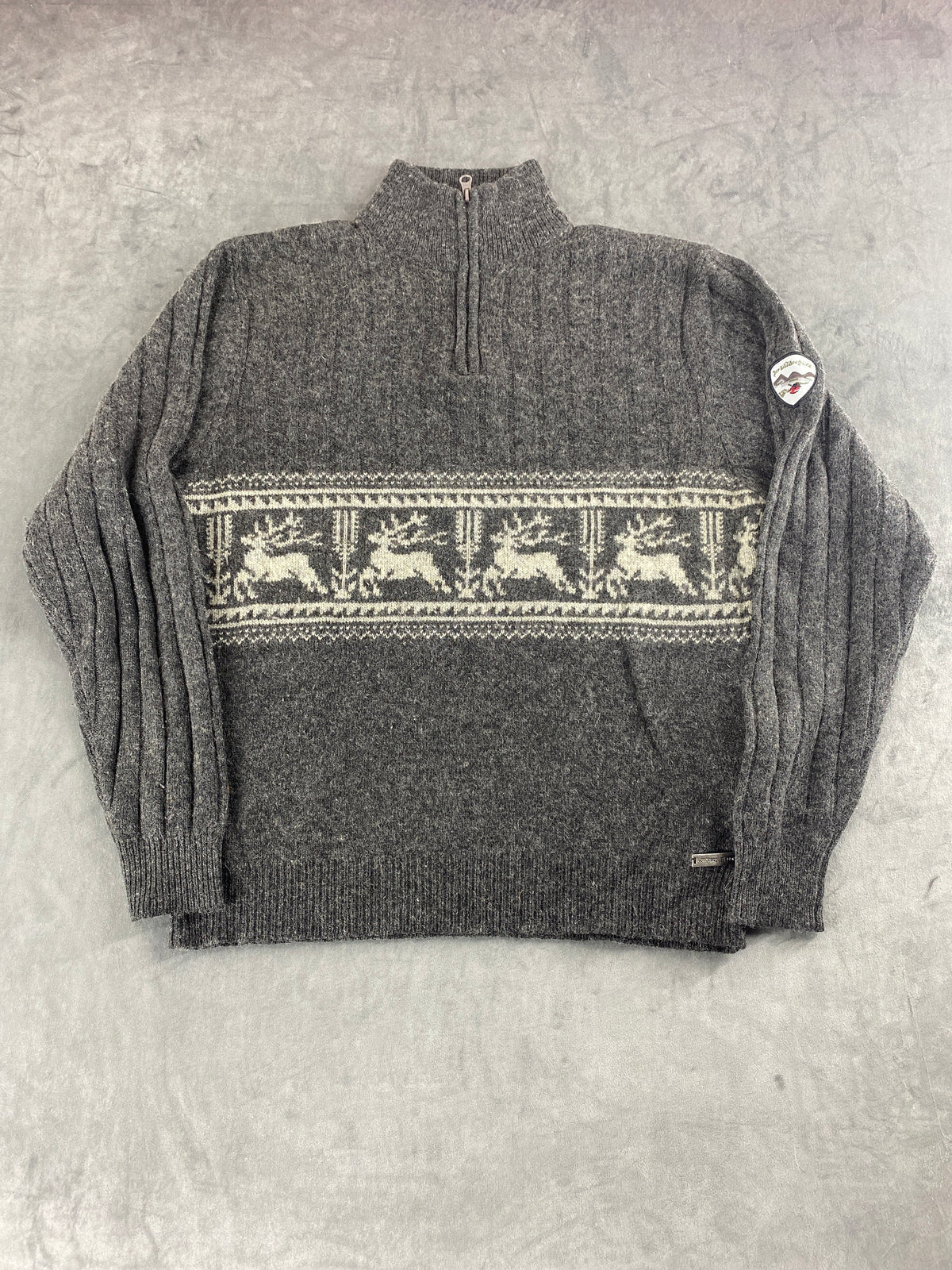 Maglione tirolese grigio con cervi e mezza zip vintage – Donna Taglia XL (IT 46)