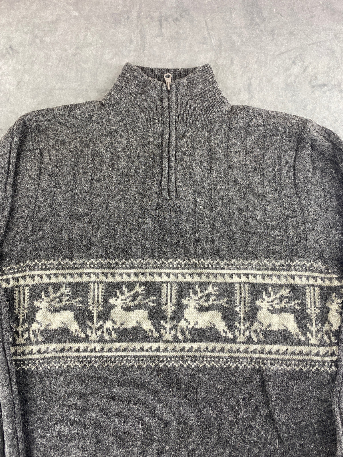 Maglione tirolese grigio con cervi e mezza zip vintage – Donna Taglia XL (IT 46)