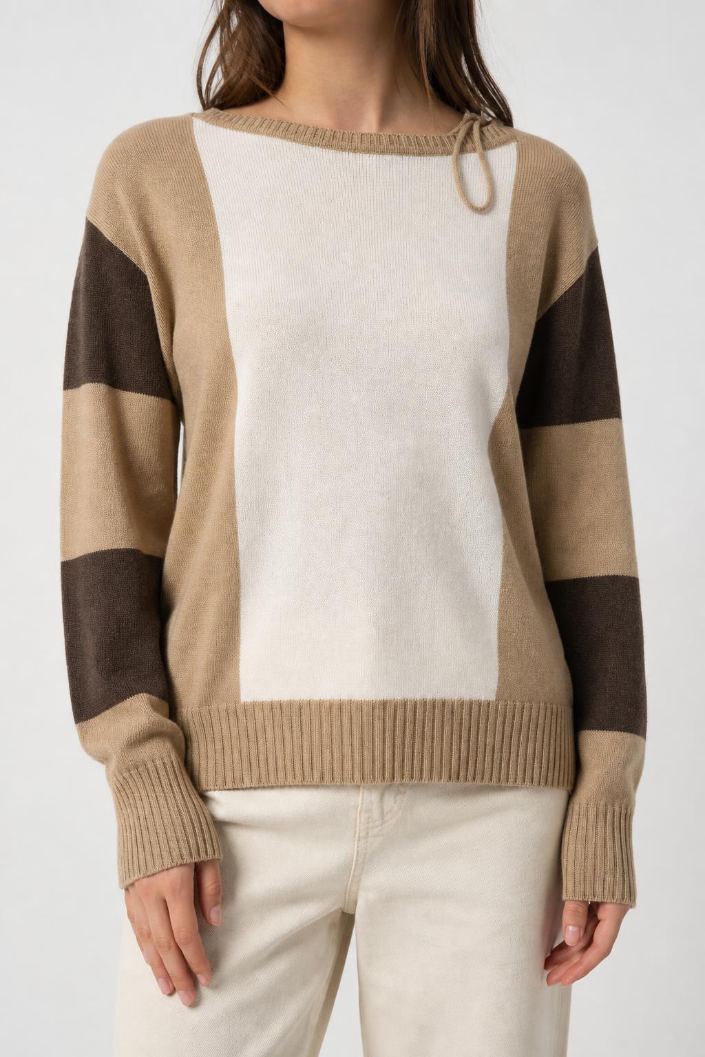 Maglione color block panna e cammello Canda vintage – Donna Taglia L (IT 44)