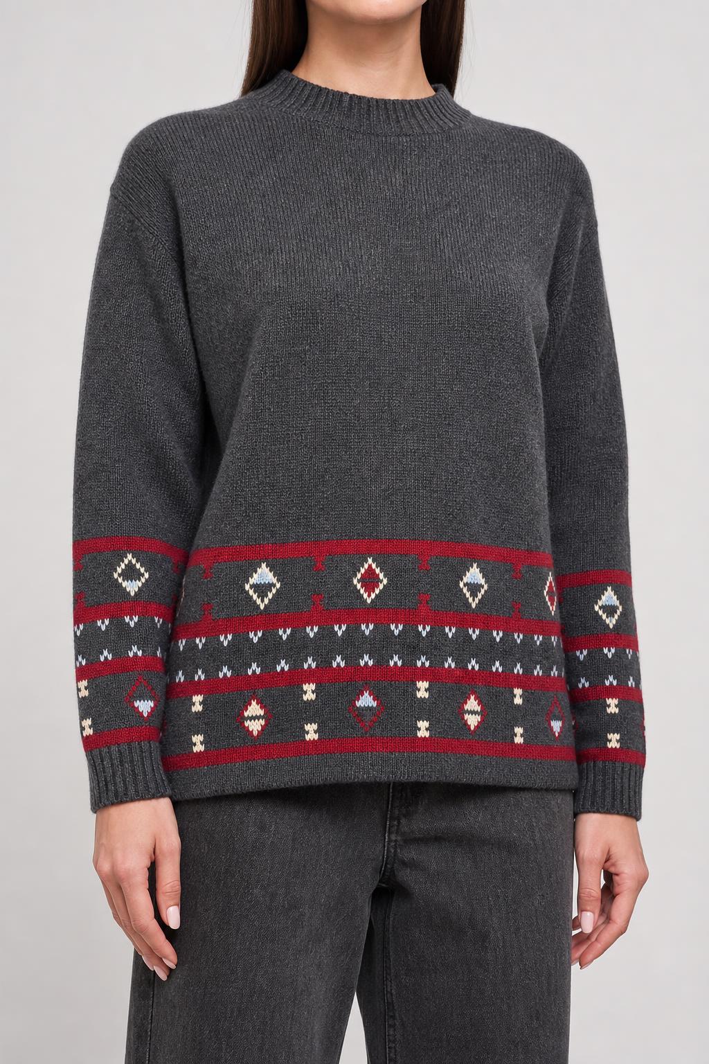 Maglione grigio con fascia nordica rossa vintage – Donna Taglia M (IT 42)
