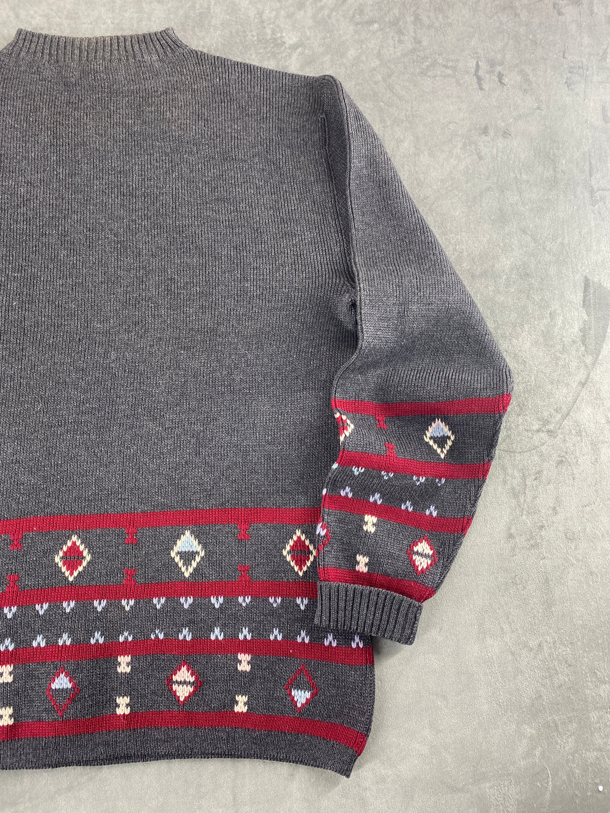 Maglione grigio con fascia nordica rossa vintage – Donna Taglia M (IT 42)