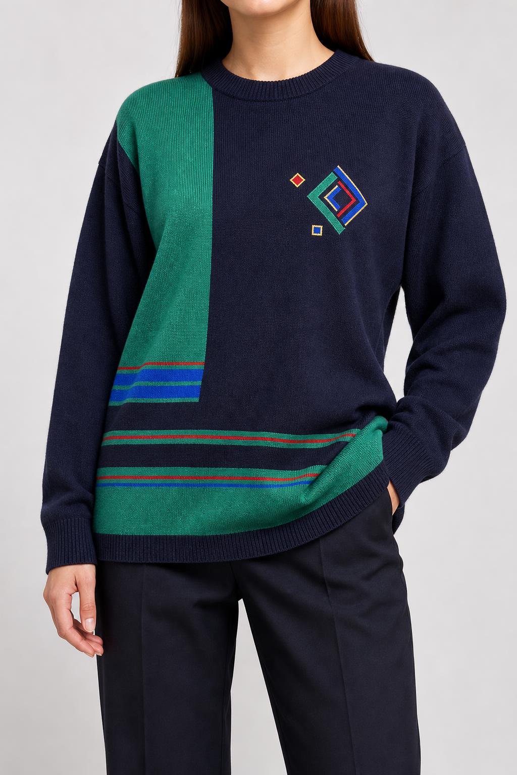 Maglione blu navy e verde con rombi geometrici vintage – Donna Taglia L (IT 44)