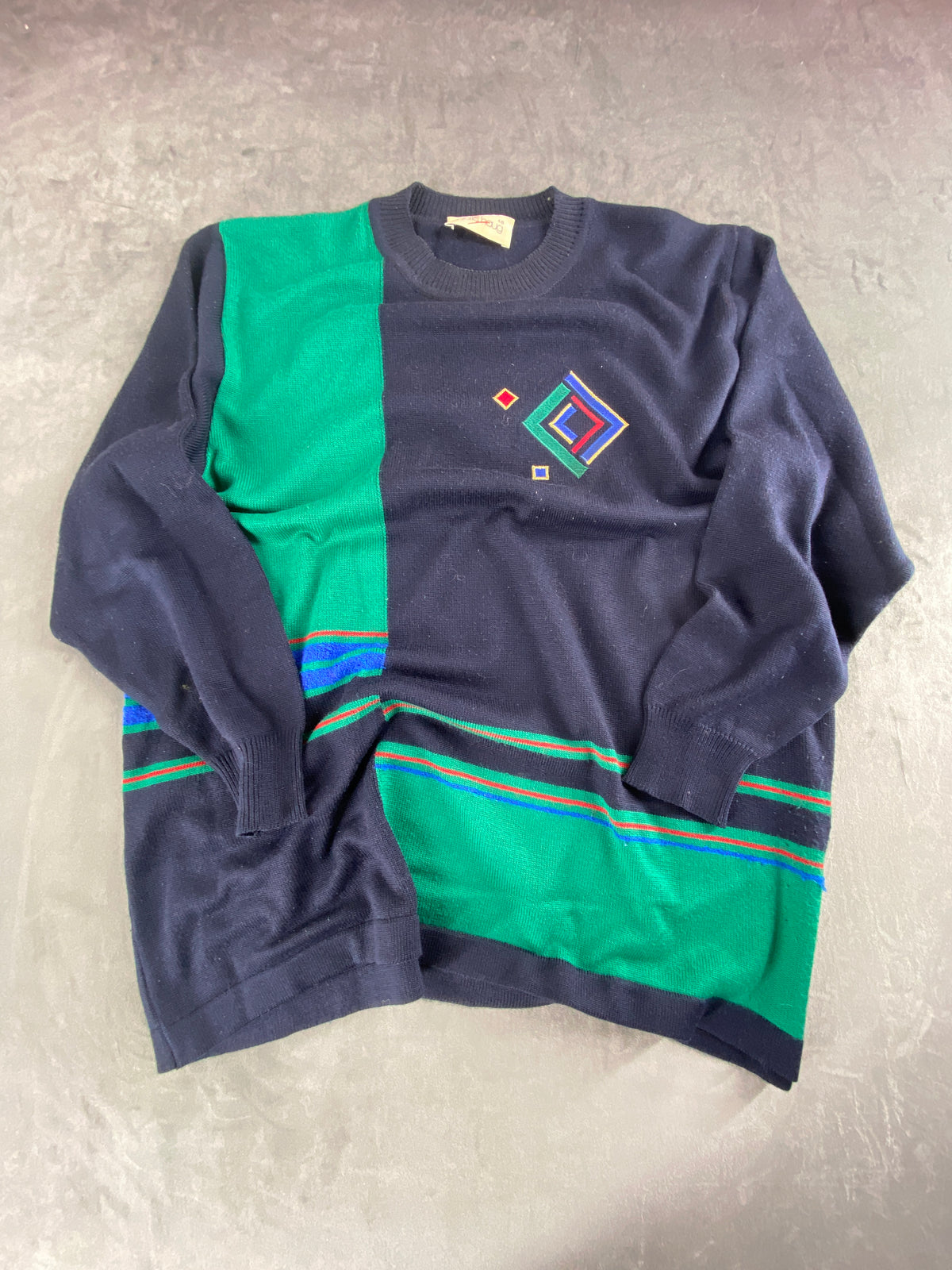 Maglione blu navy e verde con rombi geometrici vintage – Donna Taglia L (IT 44)