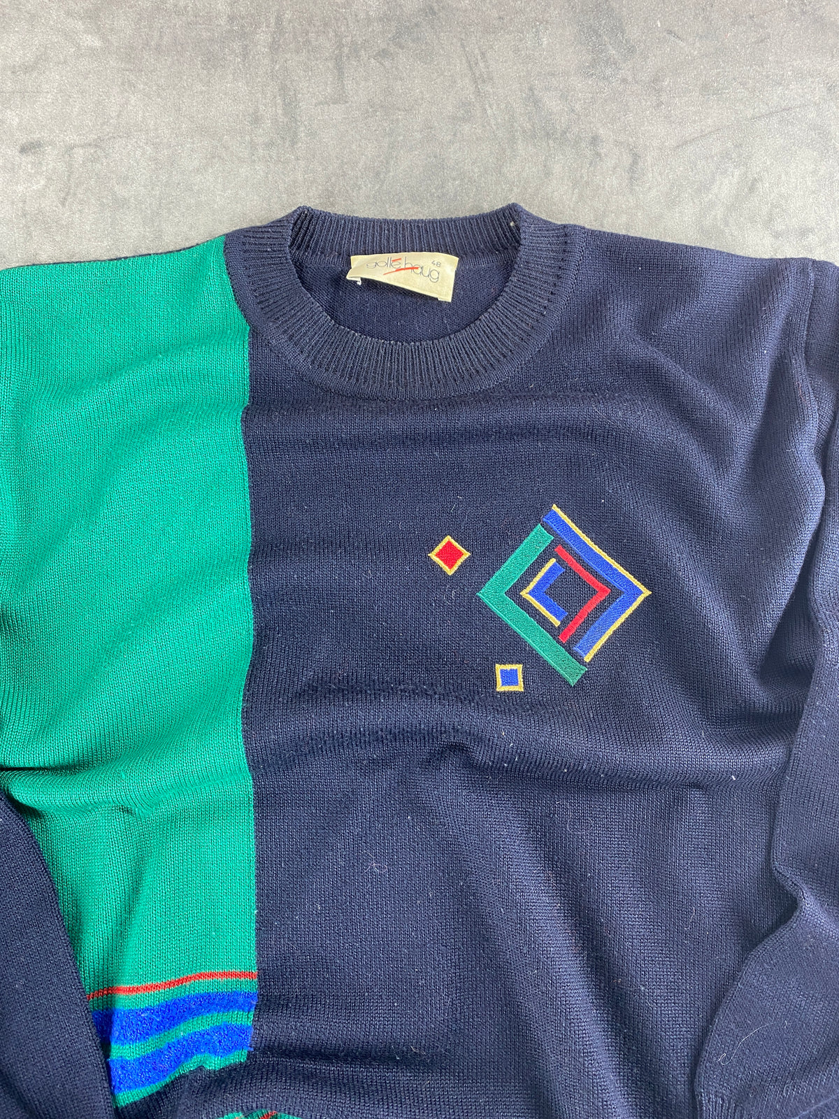 Maglione blu navy e verde con rombi geometrici vintage – Donna Taglia L (IT 44)