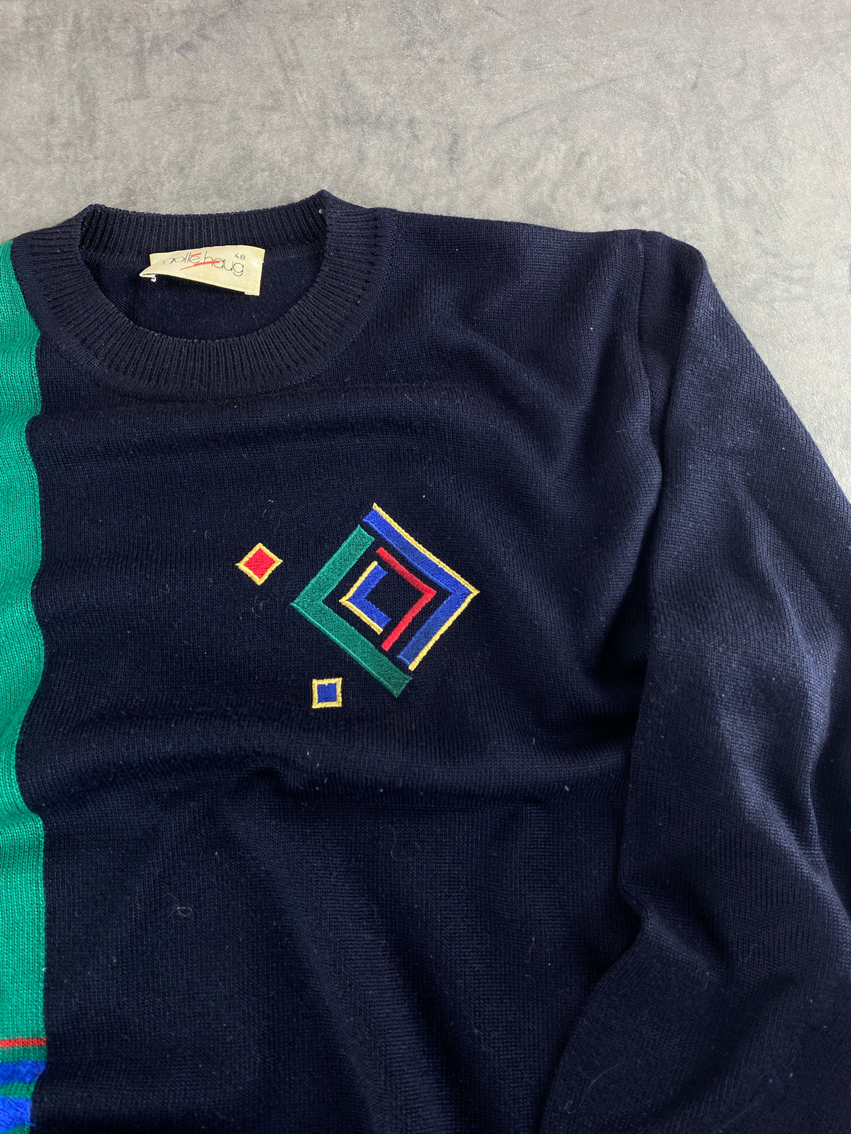 Maglione blu navy e verde con rombi geometrici vintage – Donna Taglia L (IT 44)