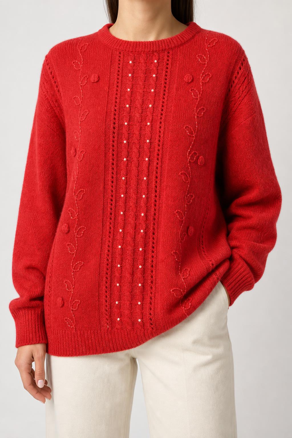 Maglione rosso traforato con ricami floreali vintage – Donna Taglia L (IT 44)