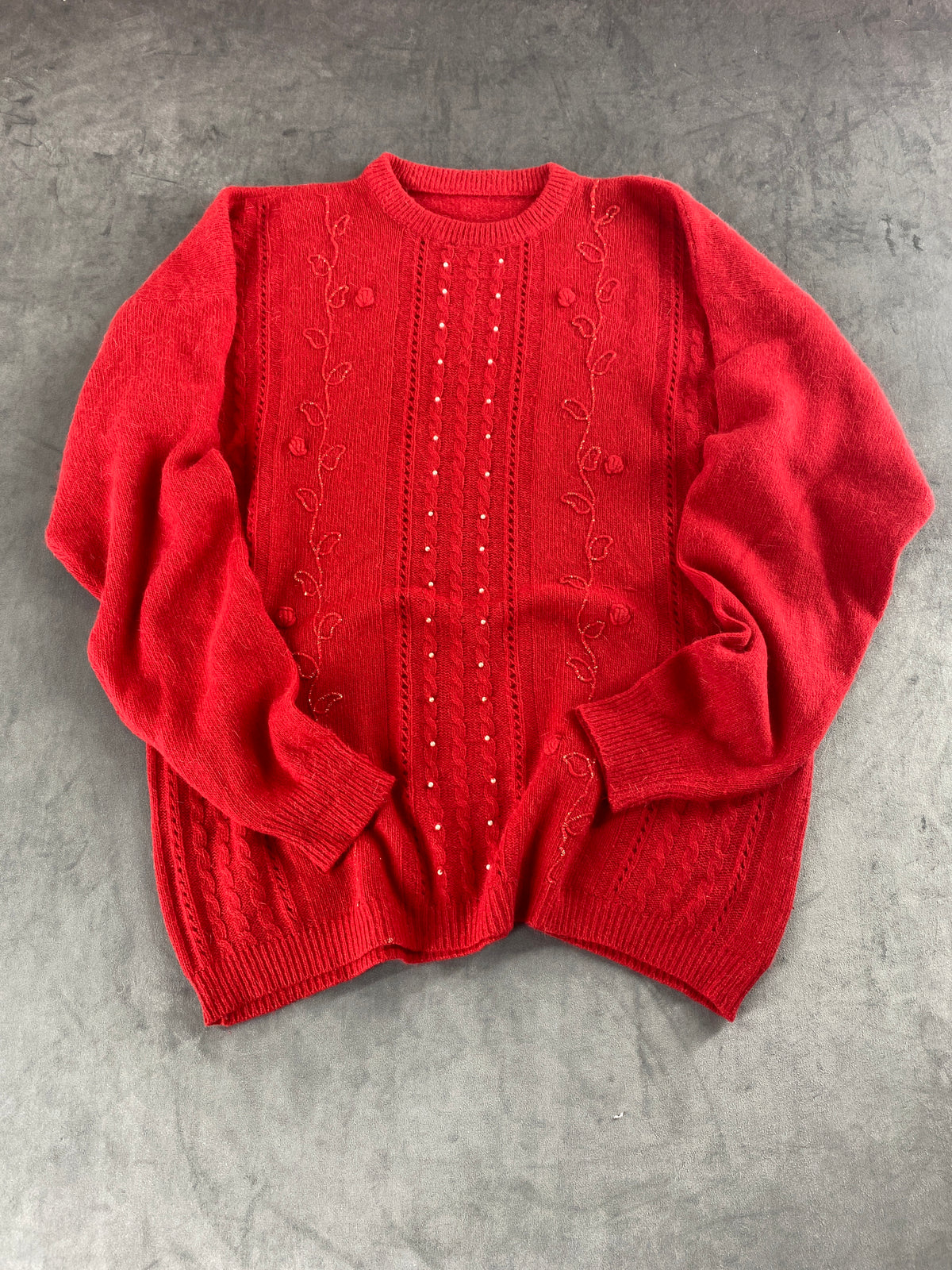 Maglione rosso traforato con ricami floreali vintage – Donna Taglia L (IT 44)