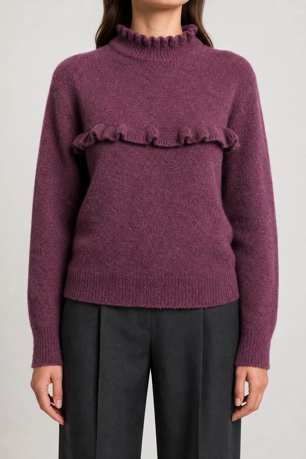 Maglione prugna con rouches e collo alto vintage – Donna Taglia M (IT 42)