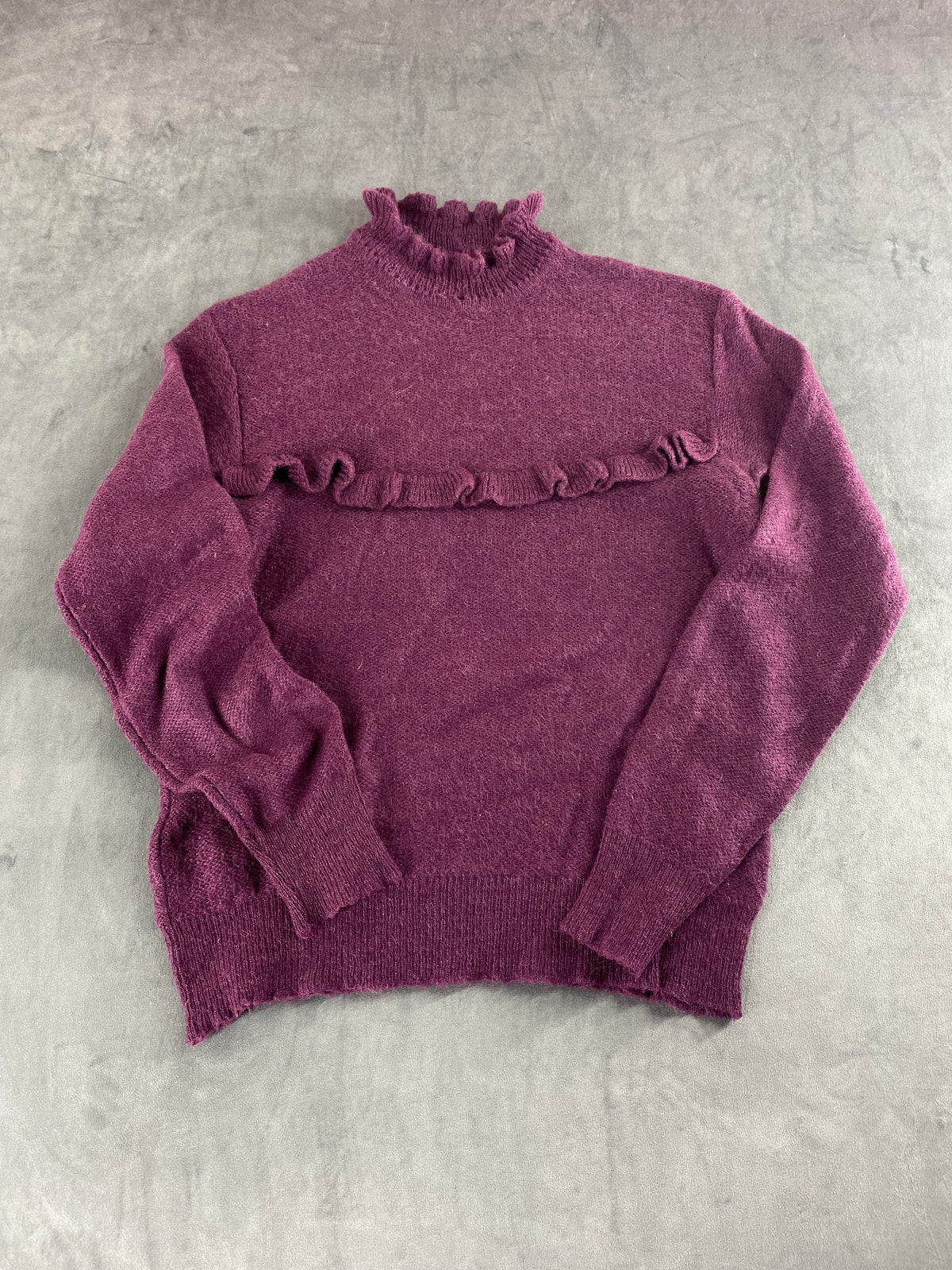 Maglione prugna con rouches e collo alto vintage – Donna Taglia M (IT 42)