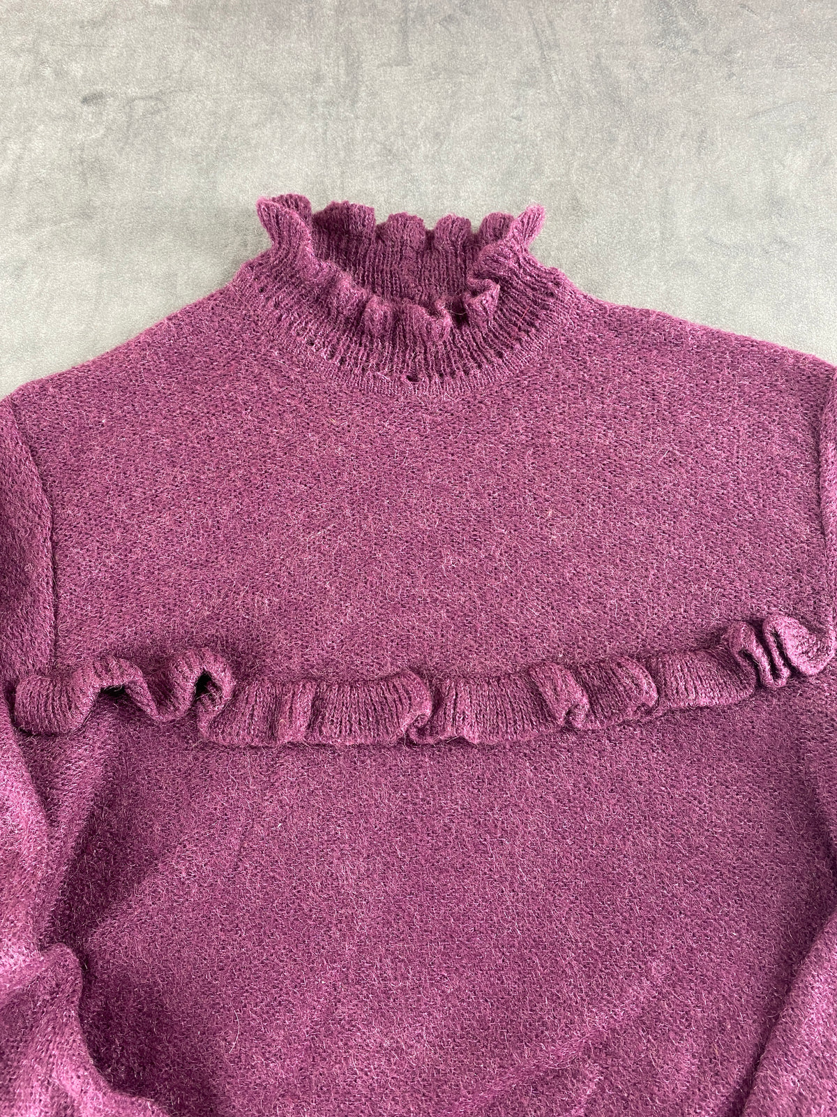 Maglione prugna con rouches e collo alto vintage – Donna Taglia M (IT 42)