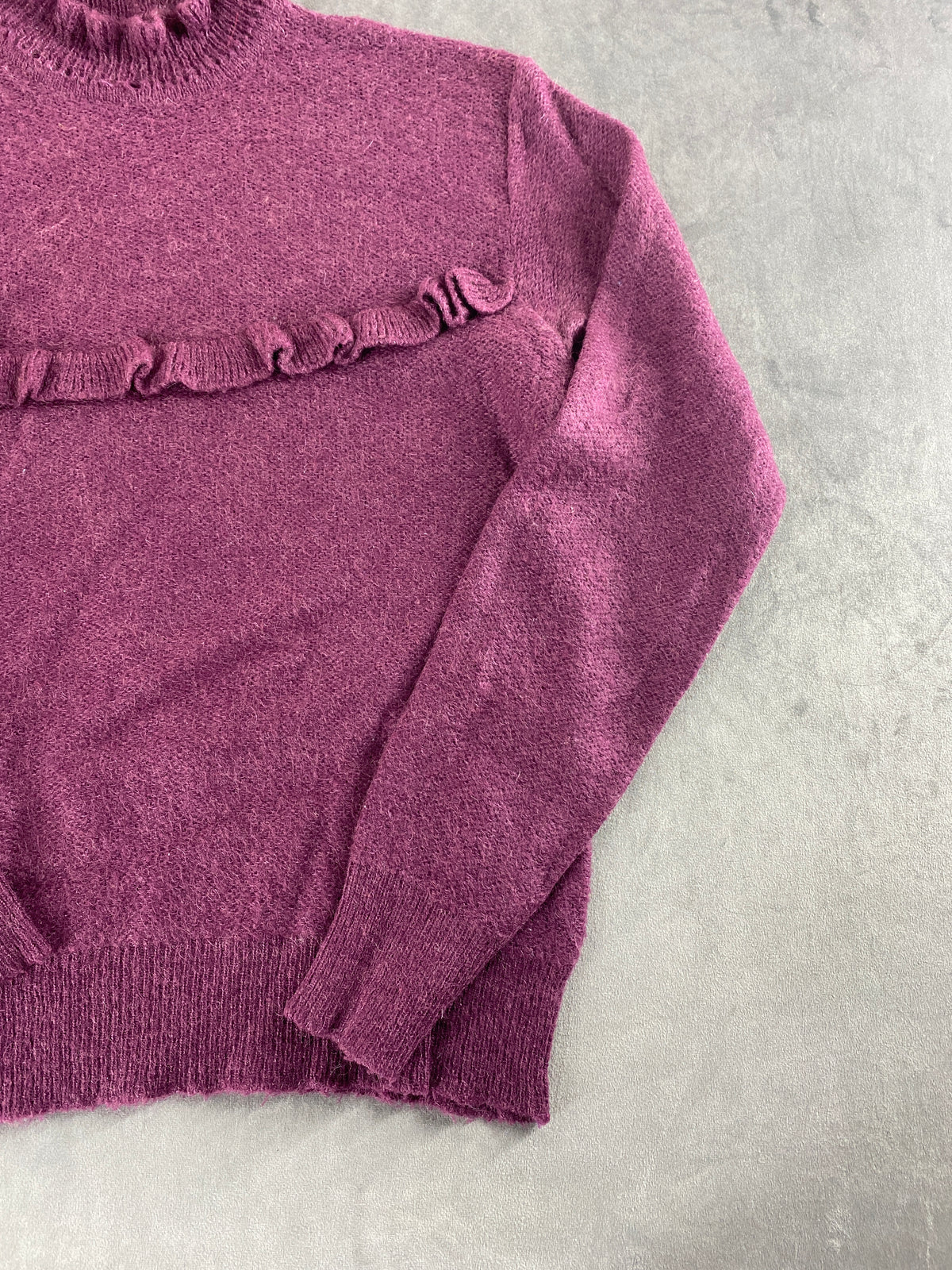 Maglione prugna con rouches e collo alto vintage – Donna Taglia M (IT 42)