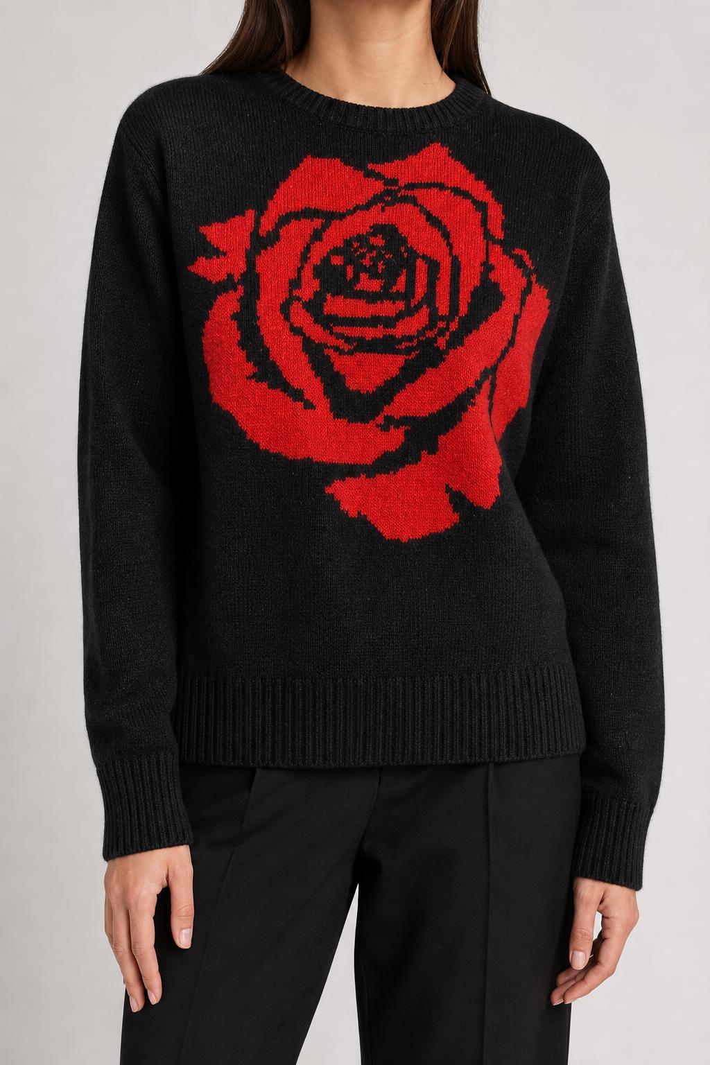 Maglione nero con rosa rossa jacquard vintage – Donna Taglia L (IT 44)