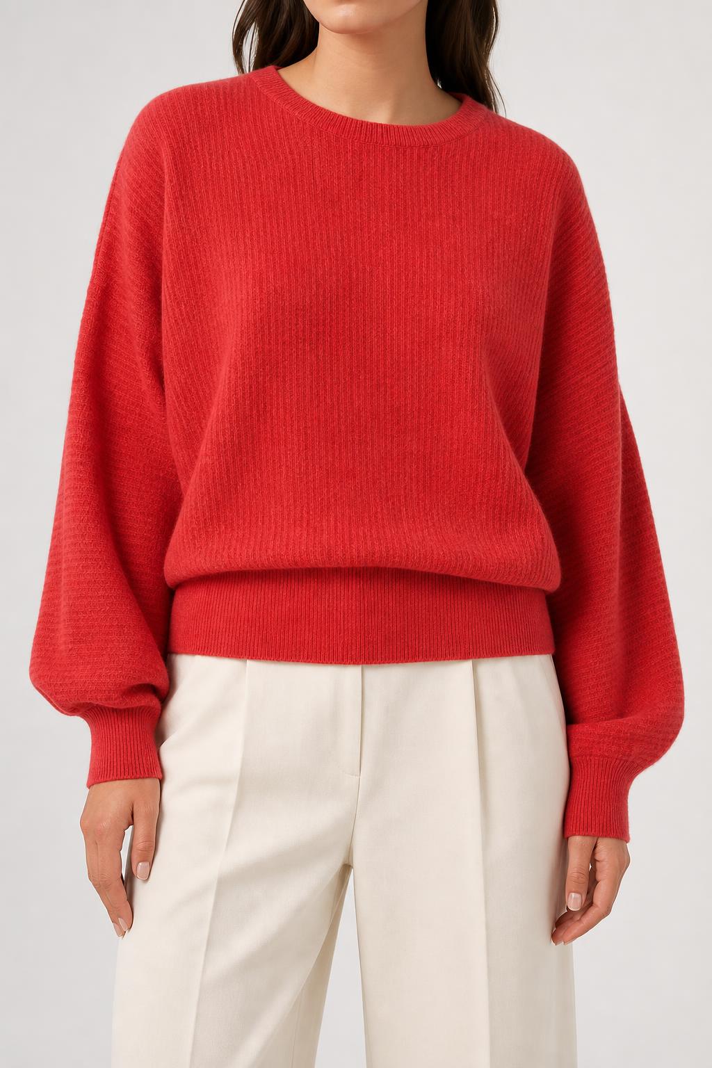 Maglione rosso corallo a coste con maniche a palloncino vintage – Donna Taglia L (IT 44)