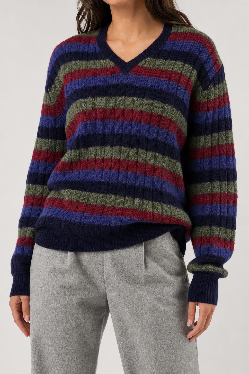 Maglione a righe blu, bordeaux e verde vintage – Donna Taglia L (IT 44)