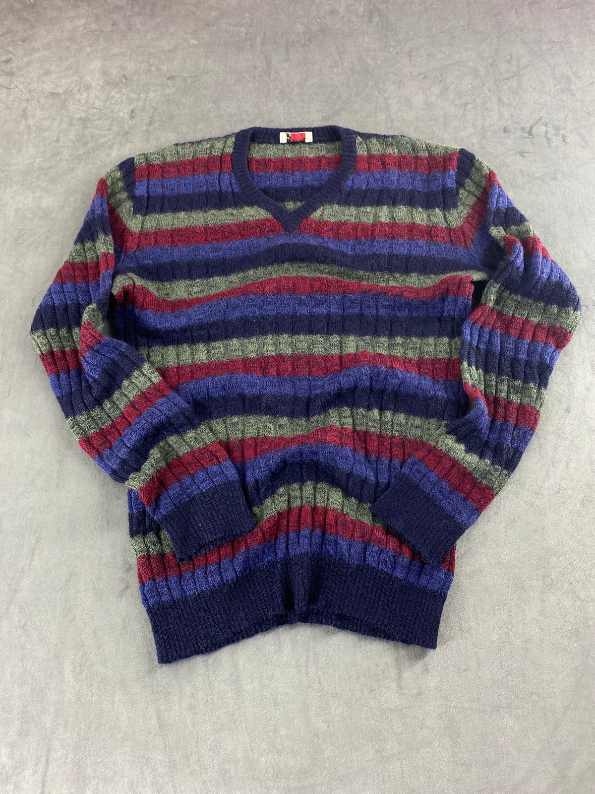 Maglione a righe blu, bordeaux e verde vintage – Donna Taglia L (IT 44)