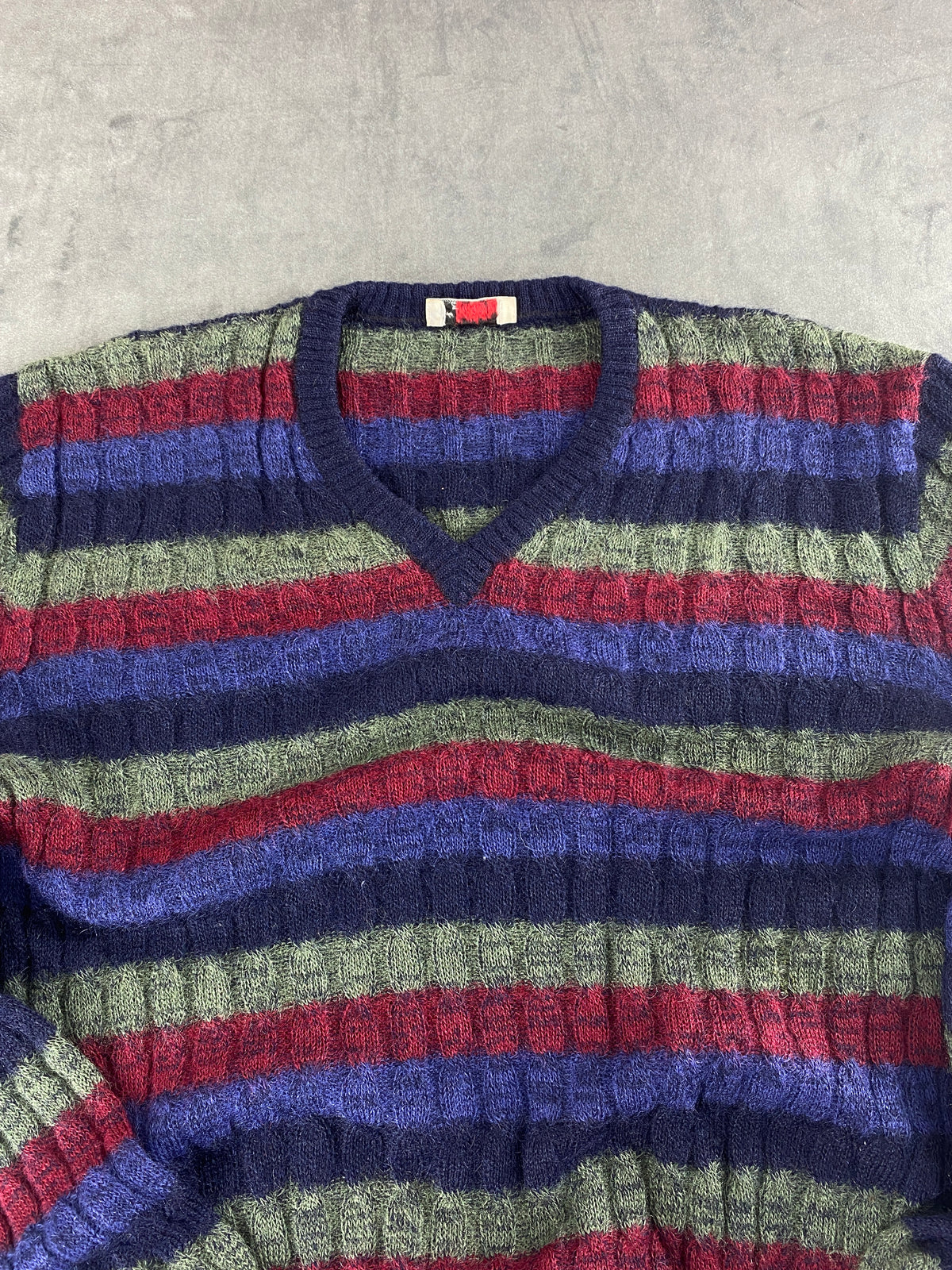 Maglione a righe blu, bordeaux e verde vintage – Donna Taglia L (IT 44)