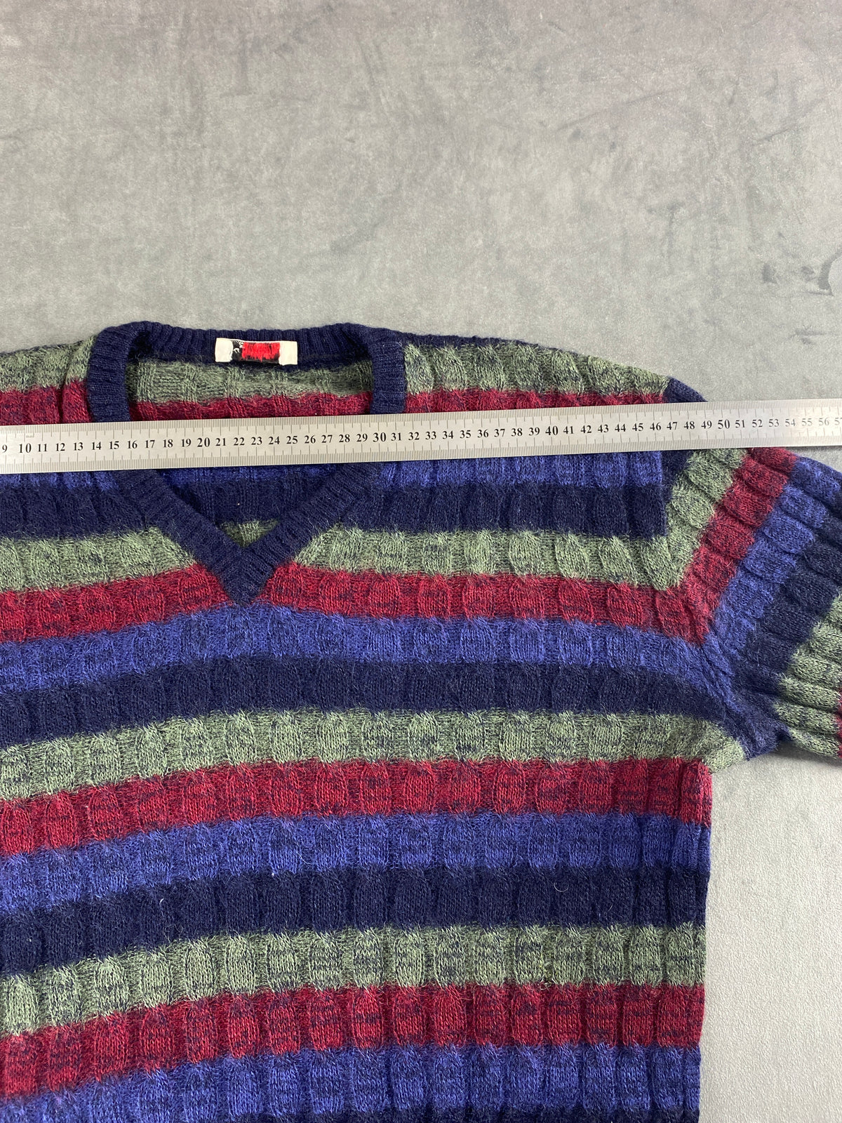 Maglione a righe blu, bordeaux e verde vintage – Donna Taglia L (IT 44)