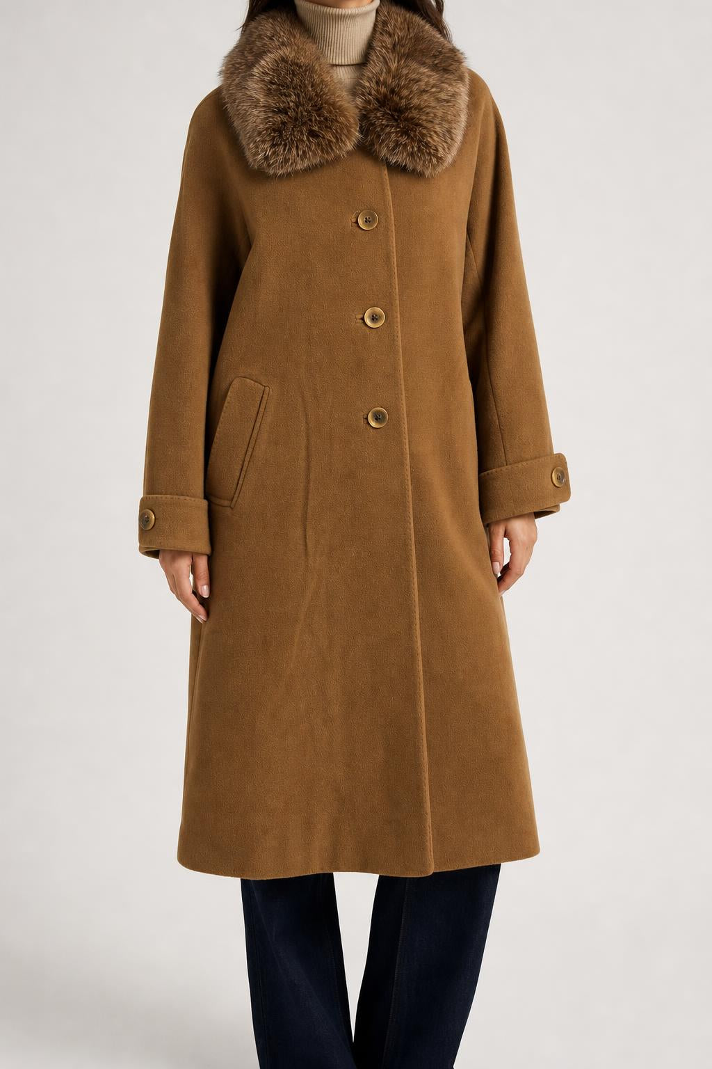 Cappotto cammello con collo in pelliccia Superior vintage – Donna Taglia L