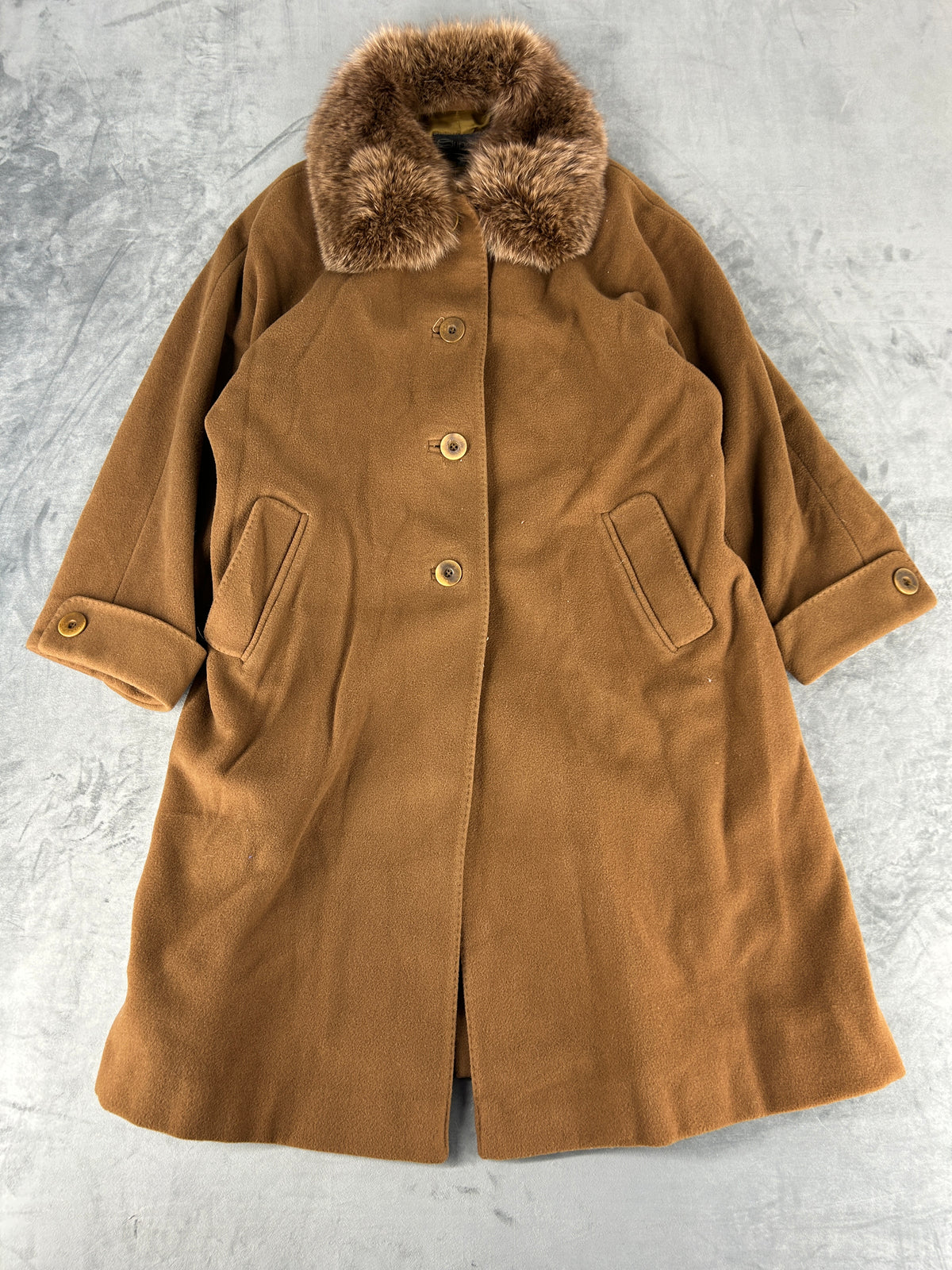 Cappotto cammello con collo in pelliccia Superior vintage – Donna Taglia L
