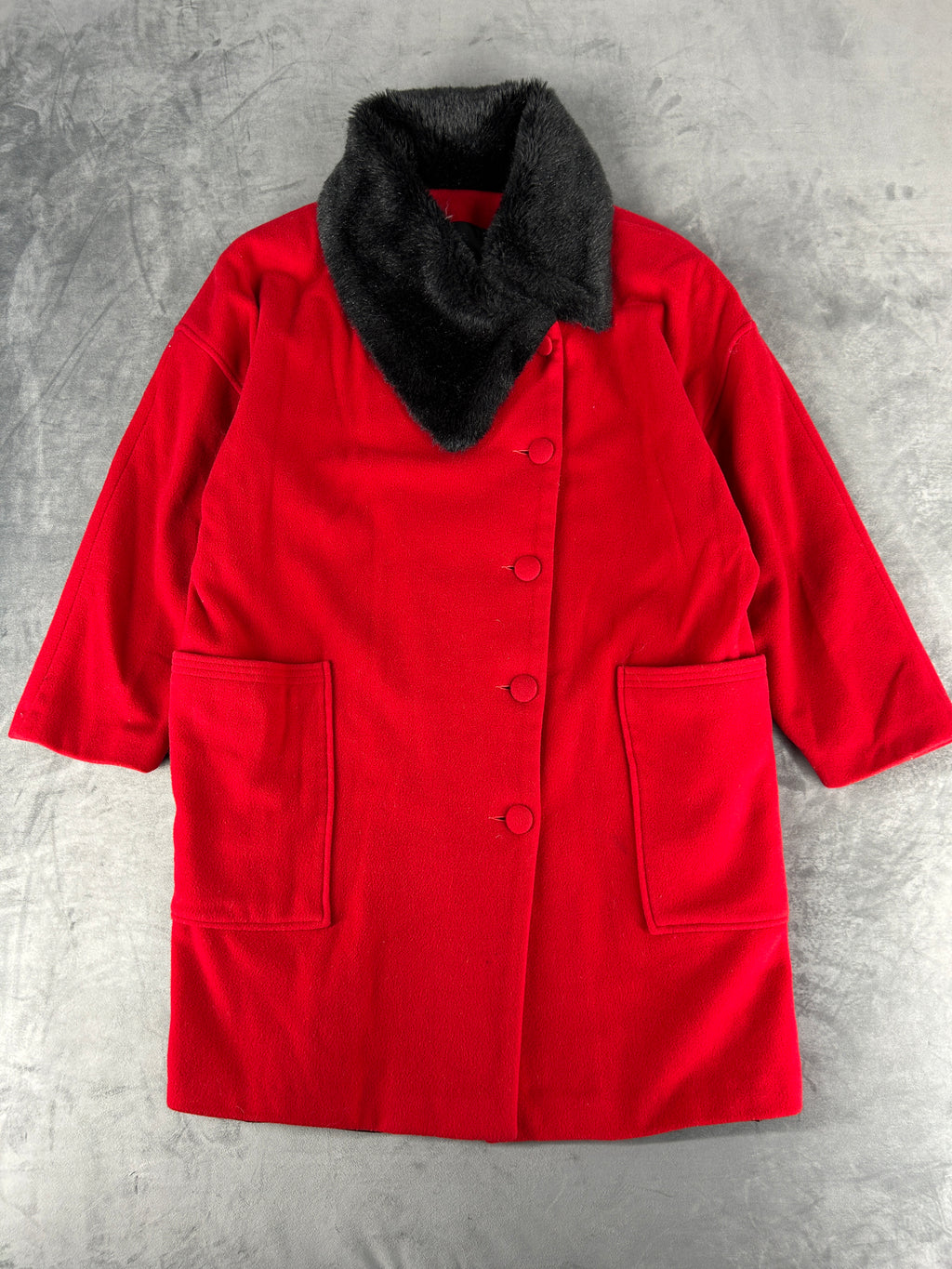 Cappotto rosso con collo in pelliccia nera vintage – Donna Taglia L