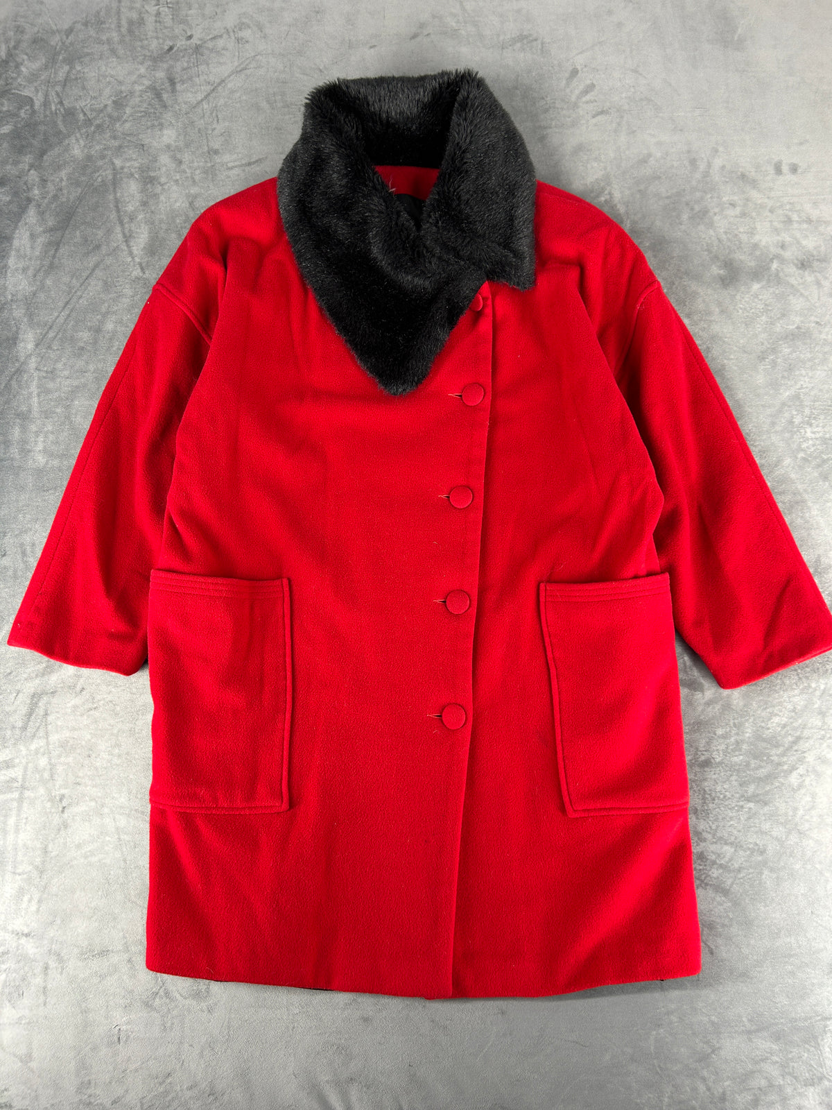 Cappotto rosso con collo in pelliccia nera vintage – Donna Taglia L
