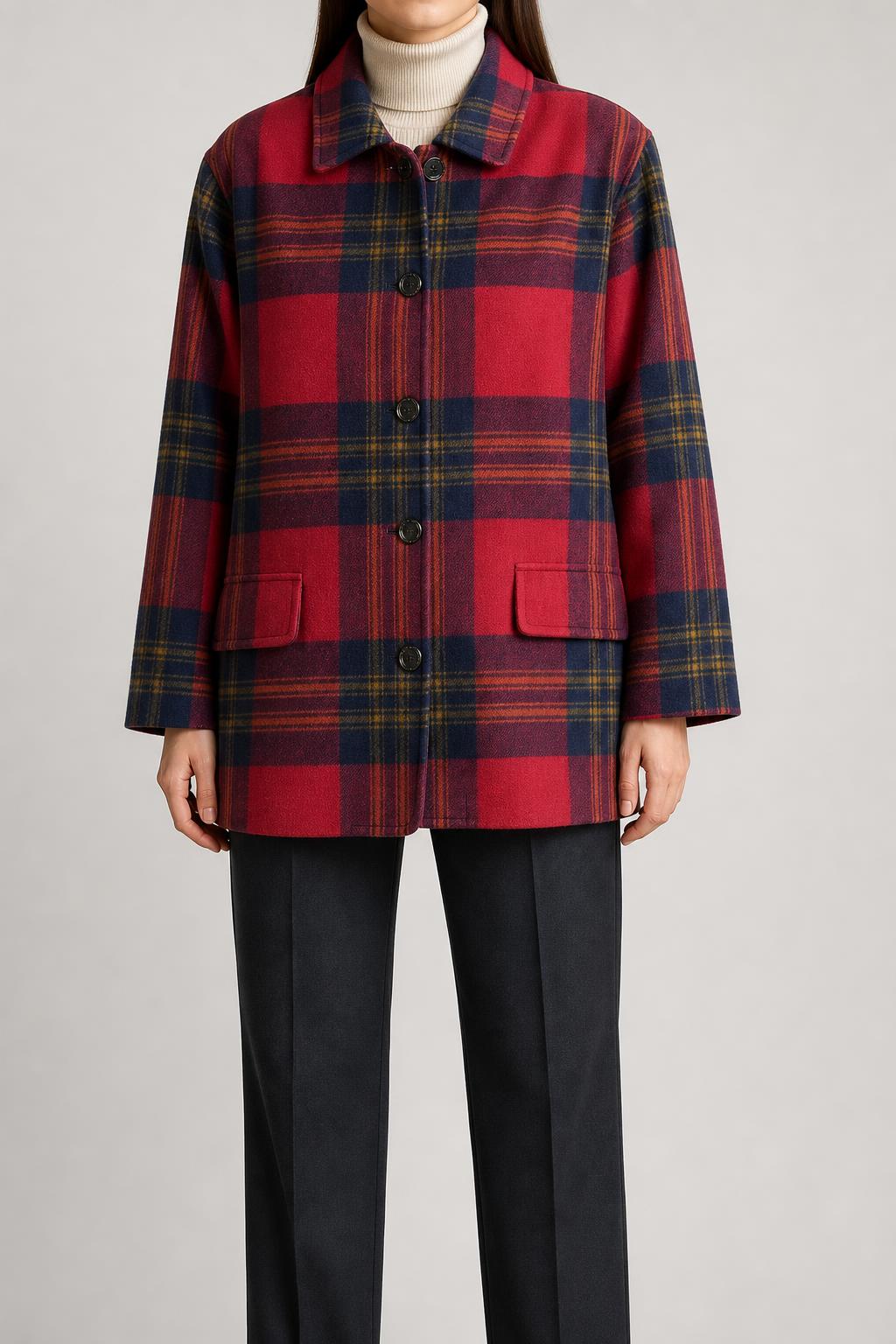Giacca a quadri in lana rosso e blu vintage – Donna Taglia L