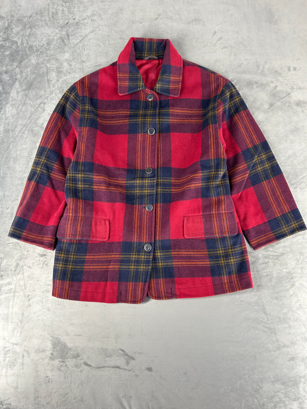 Giacca a quadri in lana rosso e blu vintage – Donna Taglia L