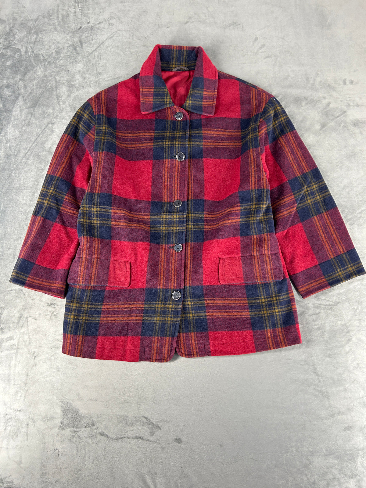 Giacca a quadri in lana rosso e blu vintage – Donna Taglia L