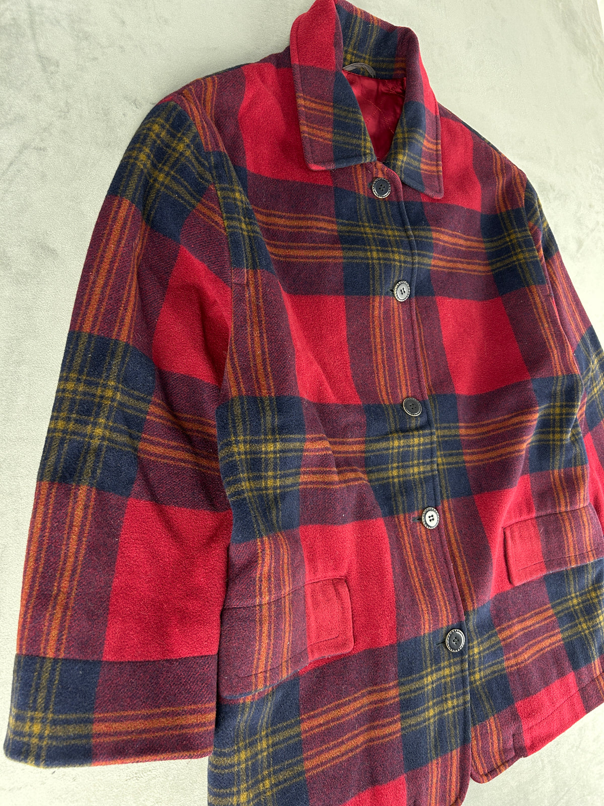 Giacca a quadri in lana rosso e blu vintage – Donna Taglia L
