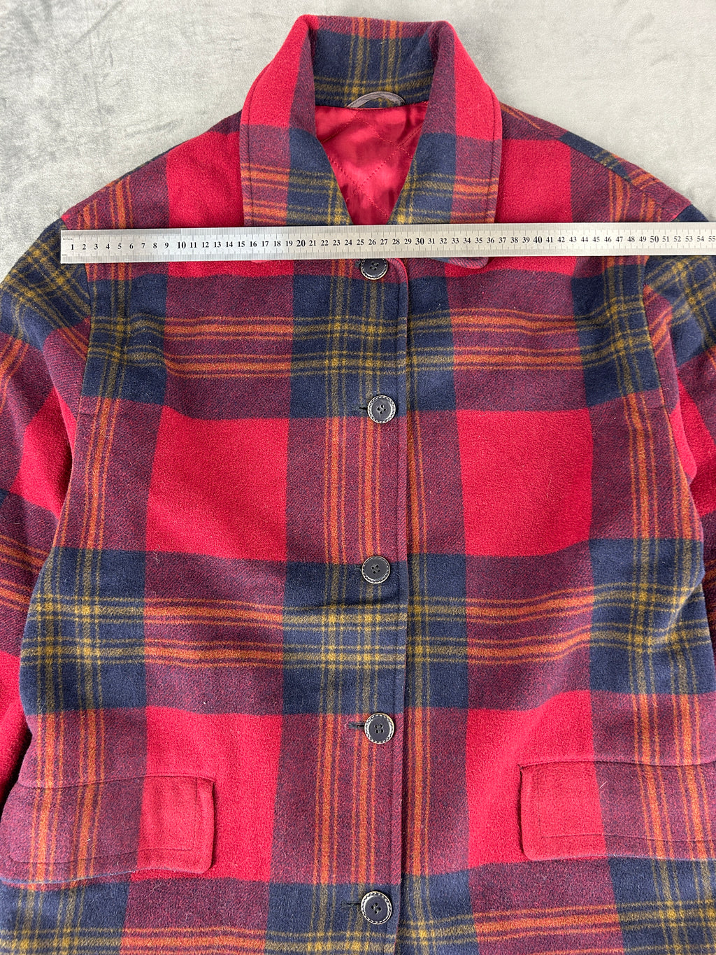 Giacca a quadri in lana rosso e blu vintage – Donna Taglia L